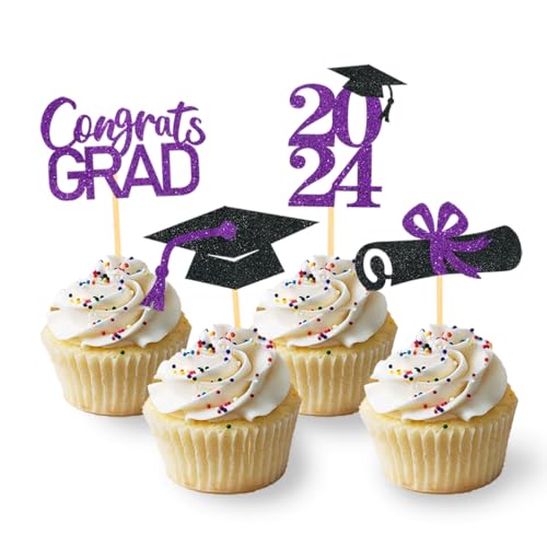 24 Stück Glitzer 2024 Graduation Cupcake Toppers, Abschlussfeier Cupcake toppers, Bachelor Hut Deko, Abschluss Deko für Graduation Abschlussparty Dekoration (schwarz & lila) von Moitkptt