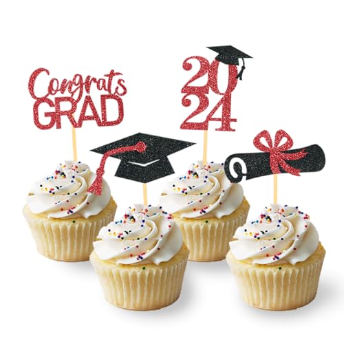24 Stück Glitzer 2024 Graduation Cupcake Toppers, Abschlussfeier Cupcake toppers, Bachelor Hut Deko, Abschluss Deko für Graduation Abschlussparty Dekoration (schwarz &rot) von Moitkptt