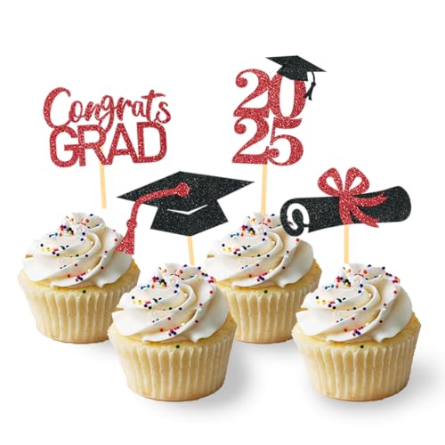 24 Stück Glitzer 2024 Graduation Cupcake Toppers, Abschlussfeier Cupcake toppers, Bachelor Hut Deko, Abschluss Deko für Graduation Abschlussparty Dekoration (schwarz &rot) von Moitkptt