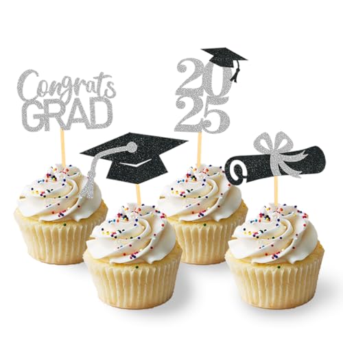 24 Stück Glitzer 2025 Graduation Cupcake Toppers, Abschlussfeier Cupcake toppers, Bachelor Hut Deko, Abschluss Deko für Graduation Abschlussparty Dekoration (schwarz & silber) von Moitkptt