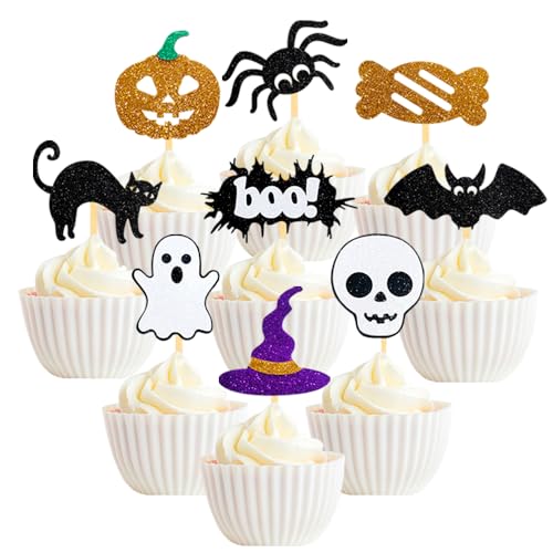 36 Stück Glitzer Cupcake Topper Dekorationen, Geist Halloween Kuchendeko, Picks Tortendeko für Party von Moitkptt