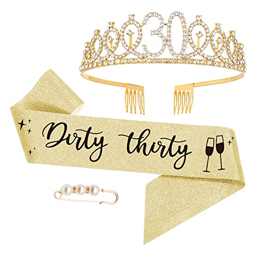 "Dirty Thirty" 30. geburtstagskrone, Geburtstags-Krone Schärpe Set, 30 Geburtstag Deko für Frauen alles Gute zum 30. Geburtstagsgeschenk, Partyzubehör, Dekorationen (Gold) von Moitkptt