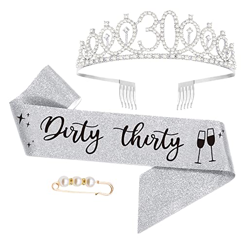 "Dirty Thirty" 30. geburtstagskrone, Geburtstags-Krone Schärpe Set, 30 Geburtstag Deko für Frauen alles Gute zum 30. Geburtstagsgeschenk, Partyzubehör, Dekorationen (Silber) von Moitkptt