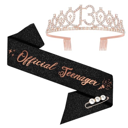 Moitkptt 13. Geburtstags Tiara, Official Teenager Geburtstags-Krone Schärpe Set, 13 Geburtstag Deko für 13. Geburtstag Mädchen, Alles Gute zum 13. Geburtstagsgeschenk, Partyzubehör (Rosegold) von Moitkptt