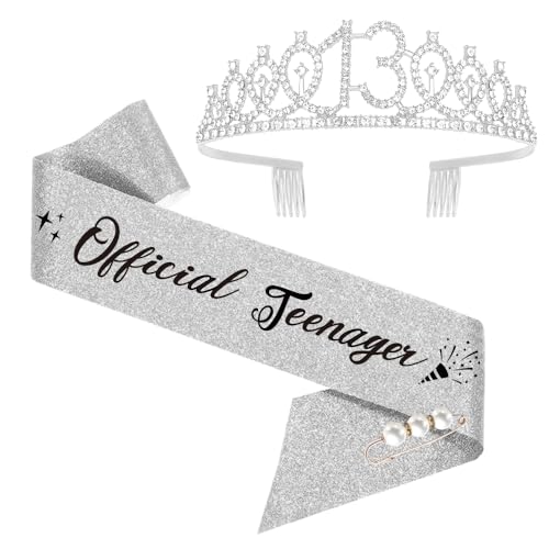 Moitkptt 13. Geburtstags Tiara, Official Teenager Geburtstags-Krone Schärpe Set, 13 Geburtstag Deko für 13. Geburtstag Mädchen, Alles Gute zum 13. Geburtstagsgeschenk, Partyzubehör (Silber) von Moitkptt