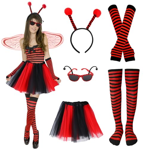 5 Stück Karneval Kostüm Erwachsene Damen, Marienkäfer Kostüm mit Marienkäferbrille Haarreif Fingerlose Handschuhe Beinwärmer Tüllrock, für Karneval Cosplay Kostüm, Halloween, Rollenspielpartys 5 Stück Karneval Kostüm Erwachsene Damen, Marienkäfer Kostüm mit Marienkäferbrille Haarreif Fingerlose Handschuhe Beinwärmer Tüllrock, für Karneval Cosplay Kostüm, Halloween, Rollenspielpartys von Moiuguli
