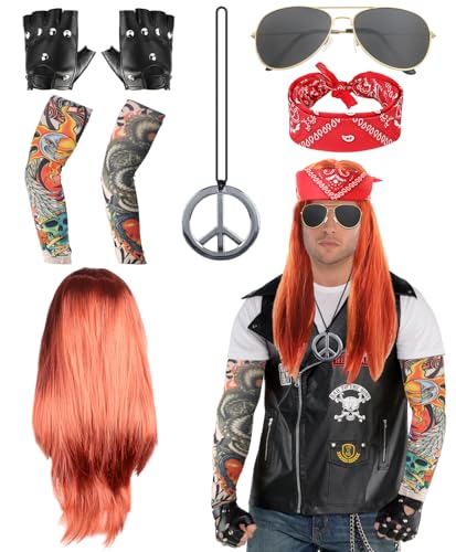 8 Stück Rockstar 70er 80er Jahre Heavy Metal Perücke Set Rockstar Faschingskostüme für Männer Frauen Kinder mit Handschuhen Sonnenbrille temporäre Tattoo-Ärmel Halskette Bandana für Welttag Disco 8 Stück Rockstar 70er 80er Jahre Heavy Metal Perücke Set Rockstar Faschingskostüme für Männer Frauen Kinder mit Handschuhen Sonnenbrille temporäre Tattoo-Ärmel Halskette Bandana für Welttag Disco von Moiuguli