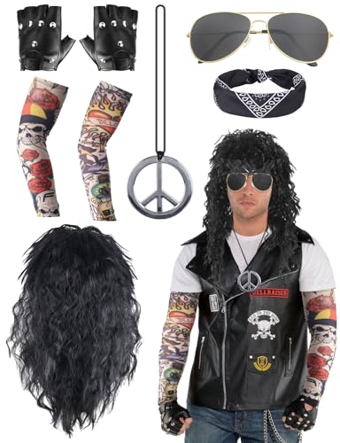 8 Stück Rockstar 70er 80er Jahre Heavy Metal Perücke Set Rockstar Faschingskostüme für Männer Frauen Kinder mit Handschuhen Sonnenbrille temporäre Tattoo-Ärmel Halskette Bandana für Welttag Disco von Moiuguli