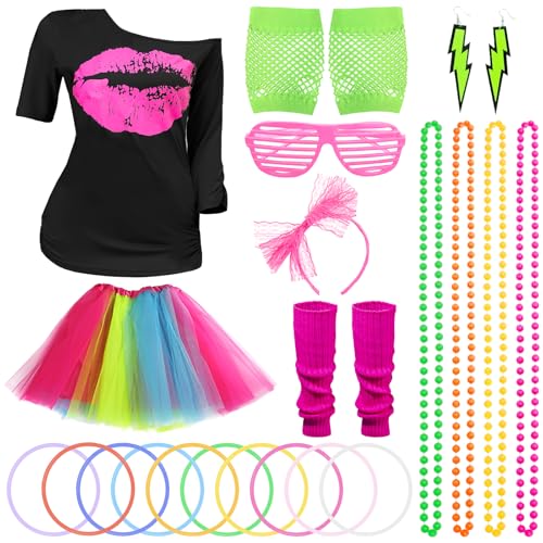 80er-Jahre-Kostüm für Damen und Mädchen, 80er-Jahre-Kostüm-Outfits, Zubehör-Set, Tutu-Röcke, Lippendruck, T-Shirt, Beinstulpen, Halskette, Netz-Handschuhe, Ohrringe, Brille, Stirnband für 80er-Jahre-Kostüm für Damen und Mädchen, 80er-Jahre-Kostüm-Outfits, Zubehör-Set, Tutu-Röcke, Lippendruck, T-Shirt, Beinstulpen, Halskette, Netz-Handschuhe, Ohrringe, Brille, Stirnband für von Moiuguli