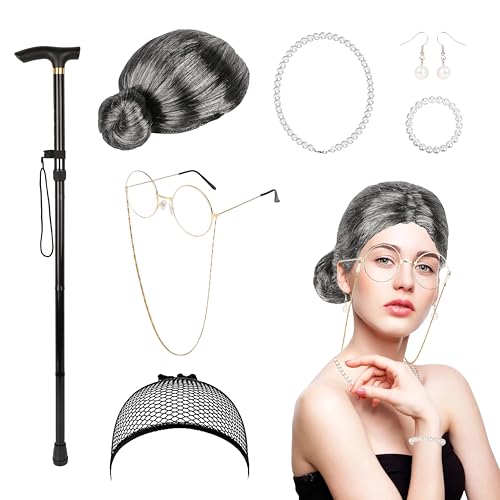8tlg Oma Perücke, Old Lady Kostüm Großmutter Cosplay Zubehör Set, Rentnerin Kostüm mit Brille Brille mit Kette Stock Perlenkette Armband Ohrringe, für Fasching Maskerade Cosplay Köln-Karneva Party 8tlg Oma Perücke, Old Lady Kostüm Großmutter Cosplay Zubehör Set, Rentnerin Kostüm mit Brille Brille mit Kette Stock Perlenkette Armband Ohrringe, für Fasching Maskerade Cosplay Köln-Karneva Party von Moiuguli