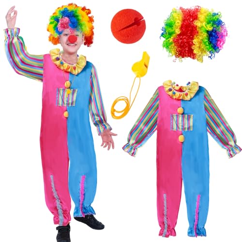 Clown Kostüm Kinder Set, Karnevals Outfit mit Lockenperücke clownsnase und Pfeifen, Regenbogen clown kostüm Damen Herren, Perfekt für 6-11Jahre, Karneval, Geburtstagsfeiern und Cosplay 110-140 von Moiuguli