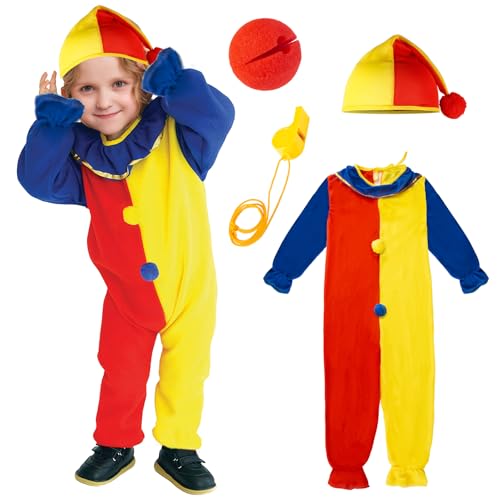 Clown Kostüm Kinder Set, Karnevals Outfit mit clownsnase Regenbogenhut und Pfeifen, Regenbogen clown kostüm Damen Herren, Perfekt für 5-8 Jahre, Karneval, Geburtstagsfeiern und Cosplay,Größen 110 120 von Moiuguli
