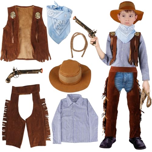 Cowboy Kostüm Kinder, 7 Stück Western Cowboy Set Kinder mit Cowboy Weste, Cowboy Hut, Kariertes Hemd, Hose, Halstuch,Spielzeug Zubehör Faschingskostüme Jungen für Karneval Cosplay Party Dress Up Cowboy Kostüm Kinder, 7 Stück Western Cowboy Set Kinder mit Cowboy Weste, Cowboy Hut, Kariertes Hemd, Hose, Halstuch,Spielzeug Zubehör Faschingskostüme Jungen für Karneval Cosplay Party Dress Up von Moiuguli