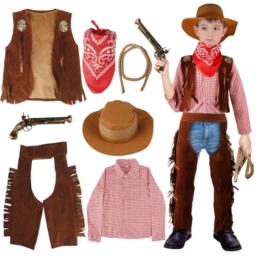 Cowboy Kostüm Kinder, 7 Stück Western Cowboy Set Kinder mit Cowboy Weste, Cowboy Hut, Kariertes Hemd, Hose, Halstuch,Spielzeug Zubehör Faschingskostüme Jungen für Karneval Cosplay Party Dress Up Cowboy Kostüm Kinder, 7 Stück Western Cowboy Set Kinder mit Cowboy Weste, Cowboy Hut, Kariertes Hemd, Hose, Halstuch,Spielzeug Zubehör Faschingskostüme Jungen für Karneval Cosplay Party Dress Up von Moiuguli