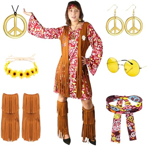 Moiuguli Hippie Kostüm Damen Set, Faschingskostüm Damen Hippie Kleid, 60 er 70er Jahre Bekleidung Damen, Karneval Disco Outfit mit Brille, Haarband, Halskette, Ohrringen, Knöchelsocken, Kopftücher Moiuguli Hippie Kostüm Damen Set, Faschingskostüm Damen Hippie Kleid, 60 er 70er Jahre Bekleidung Damen, Karneval Disco Outfit mit Brille, Haarband, Halskette, Ohrringen, Knöchelsocken, Kopftücher von Moiuguli