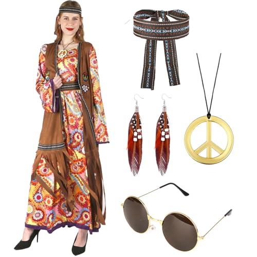 Moiuguli Hippie Kostüm Damen Set, Faschingskostüm Damen Hippie Kleid, 60 er 70er Jahre Bekleidung Damen, Karneval Disco Outfit mit Brille, Halskette, Ohrringen, Kopftücher Moiuguli Hippie Kostüm Damen Set, Faschingskostüm Damen Hippie Kleid, 60 er 70er Jahre Bekleidung Damen, Karneval Disco Outfit mit Brille, Halskette, Ohrringen, Kopftücher von Moiuguli