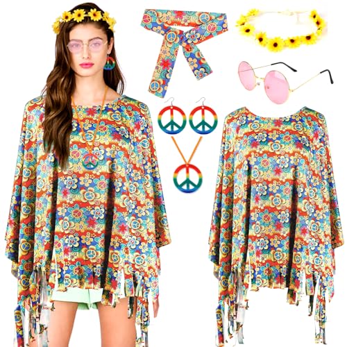 Hippie Kostüm Damen, 60er 70er Jahre Bekleidung Hippie Poncho Oberteil Bluse Kleid Mode Abba Frau Outfit mit Flower Power Accessoires Peace Kette Ohrringe Sonnenbrillen Mottoparty Karneval Fasching Hippie Kostüm Damen, 60er 70er Jahre Bekleidung Hippie Poncho Oberteil Bluse Kleid Mode Abba Frau Outfit mit Flower Power Accessoires Peace Kette Ohrringe Sonnenbrillen Mottoparty Karneval Fasching von Moiuguli