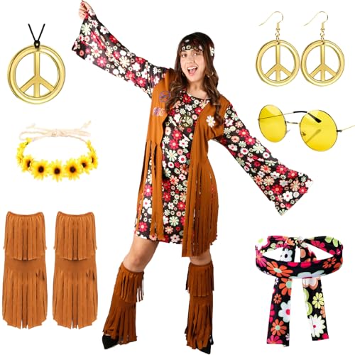 Moiuguli Hippie Kostüm Damen Set, Faschingskostüm Damen Hippie Kleid, 60 er 70er Jahre Bekleidung Damen, Karneval Disco Outfit mit Brille, Haarband, Halskette, Ohrringen, Knöchelsocken, Kopftücher Moiuguli Hippie Kostüm Damen Set, Faschingskostüm Damen Hippie Kleid, 60 er 70er Jahre Bekleidung Damen, Karneval Disco Outfit mit Brille, Haarband, Halskette, Ohrringen, Knöchelsocken, Kopftücher von Moiuguli