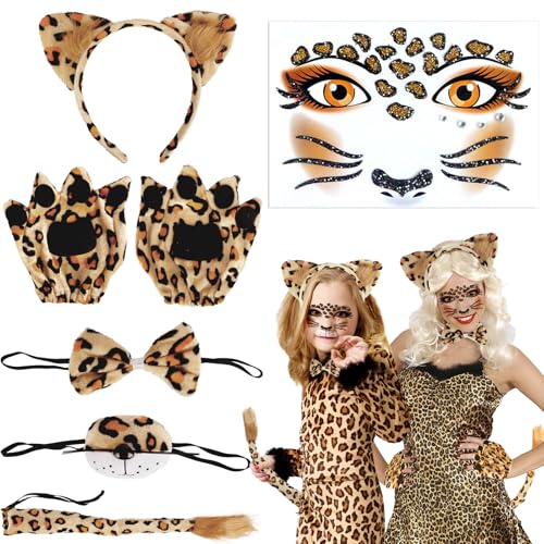 Moiuguli Leoparden Kostüm Set, 6 Stück Leoparden Kostüm Damen Kinder, Leoparden Ohren Haarreif, Leopard Tattoo Gesicht, Leopard Schwanz, Fliege, Handschuhe, Leopard Nase, für Fasching,Karneval,Party Moiuguli Leoparden Kostüm Set, 6 Stück Leoparden Kostüm Damen Kinder, Leoparden Ohren Haarreif, Leopard Tattoo Gesicht, Leopard Schwanz, Fliege, Handschuhe, Leopard Nase, für Fasching,Karneval,Party von Moiuguli