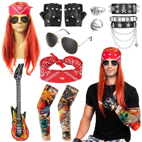 Rocker Kostüm Herren, 12 Stück Punk Gotik Rocker Kit 80er 90er Jahre Hip Hop Outfits mit Perück Gläser Tattoo ärmel Luftgitarre Handschuhe Bandanas Armband und Ringe für Männer Frauen Party Cosplay Rocker Kostüm Herren, 12 Stück Punk Gotik Rocker Kit 80er 90er Jahre Hip Hop Outfits mit Perück Gläser Tattoo ärmel Luftgitarre Handschuhe Bandanas Armband und Ringe für Männer Frauen Party Cosplay von Moiuguli