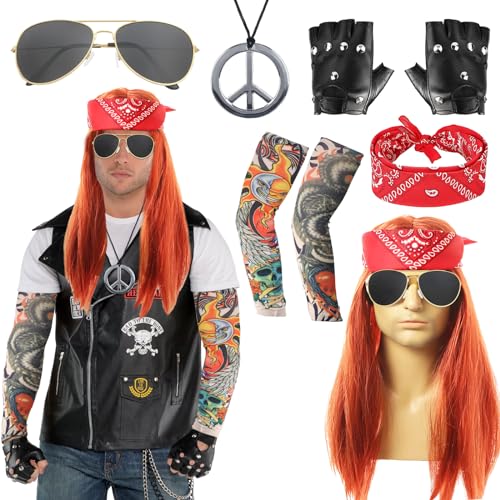 Moiuguli 8 Pcs Rocker kostüm Herren, 70er 80er 90er jahre Outfit Punk Disco Rave mit Perücke Stirnband Sonnenbrille Handschuhen Tattoo Ärmeln Peace & Love Halsketten Faschingskostüme Männer Moiuguli 8 Pcs Rocker kostüm Herren, 70er 80er 90er jahre Outfit Punk Disco Rave mit Perücke Stirnband Sonnenbrille Handschuhen Tattoo Ärmeln Peace & Love Halsketten Faschingskostüme Männer von Moiuguli