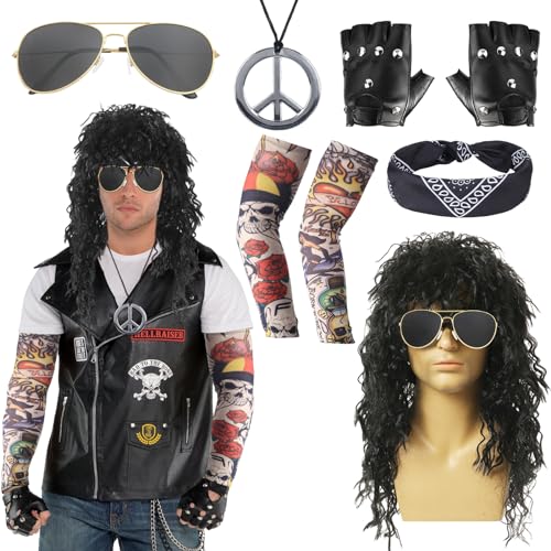 8 Pcs Rocker kostüm Herren, 70er 80er 90er Jahre Outfit Punk Disco Rave mit Vokuhila Perücke Stirnband Sonnenbrille Handschuhen Tattoo Ärmeln Peace & Love Halsketten Faschingskostüme Männer 8 Pcs Rocker kostüm Herren, 70er 80er 90er Jahre Outfit Punk Disco Rave mit Vokuhila Perücke Stirnband Sonnenbrille Handschuhen Tattoo Ärmeln Peace & Love Halsketten Faschingskostüme Männer von Moiuguli