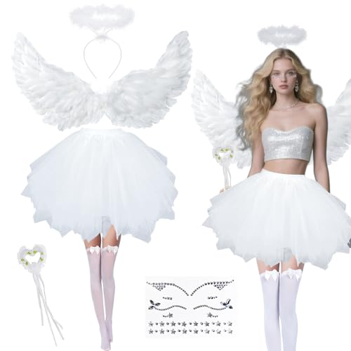 Engel Kostüm Damen Set, 80CM Engelsflügel Weiß Erwachsenes 6 Stück engelskostüm damen mit Heiligenschein engel flügel Tütü Rock Kniestrümpfe, engelkostüm für Karneval Halloween Fasching Verkleidung von Moizkna