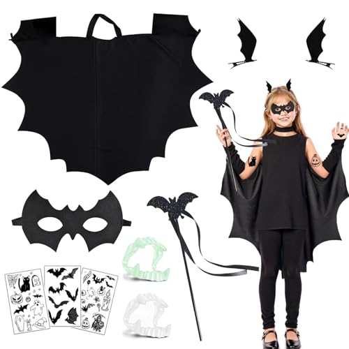 Fledermaus Kostüm Kinder Mädchen, Umhang Maske Haarspangen Tattoos Zahnprothese Zauberstab, Halloween Fledermaus Umhang Set, halloween kostüm kinder mädchen Vampir Kostüm für Halloween Cosplay Party von Moizkna