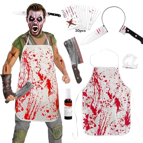 Halloween Schlächter Kostüm Herren, Metzger Kostüm mit Messer im Kopf, Metzgerschürze mit Narben Tattoos, Kunstblut, Zahnprothese– Gruseliges Schlachter Kostüm für Karneval & Cosplay von Moizkna