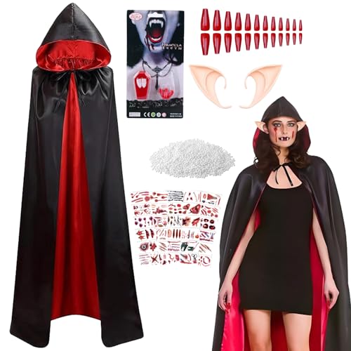 Halloween Vampir Kostüm,120cm Doppelt Umhang mit Kapuze Erwachsene,Vampirzähne,Kunstblut,Rote Nägel,Tattoo-Aufkleber, Halloween Umhang Vampir Rot Schwarz Cape mit Kaputze, Dracula Kostüm Beidseitig von Moizkna