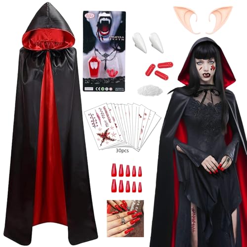 Halloween Vampir Kostüm,140cm Doppelt Umhang mit Kapuze Erwachsene,Vampirzähne,Kunstblut,Rote Nägel,Tattoo-Aufkleber, Halloween Umhang Vampir Rot Schwarz Cape mit Kaputze, Dracula Kostüm Beidseitig von Moizkna