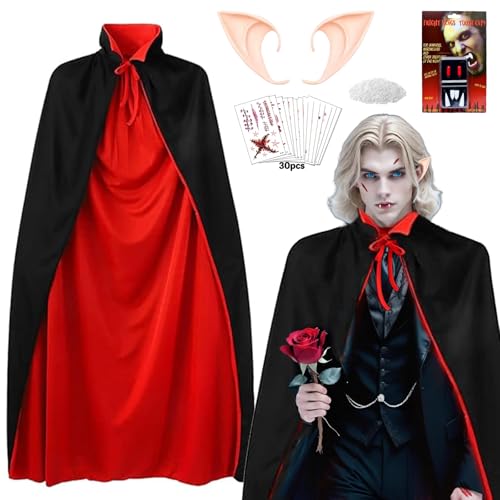Halloween Vampir Umhang, Erwachsene 140cm Zweifarbiges Vampirumhang mit Kragen, dracula kostüm herren, Halloween vampir kostüm herren, Doppelt Umhang Schwarz Rot für Karneval Cosplay Halloween Party von Moizkna