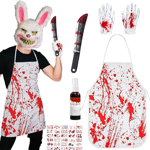 Horror Hase Kostüm für Herren, Gruselige Halloween Maske mit Metzgerschürze, Machete, Kunstblut, Horror Tattoo Narben & Handschuhen, Halloween Kostüm Herren, Halloween Kostüm Damen, Einheitsgröße von Moizkna