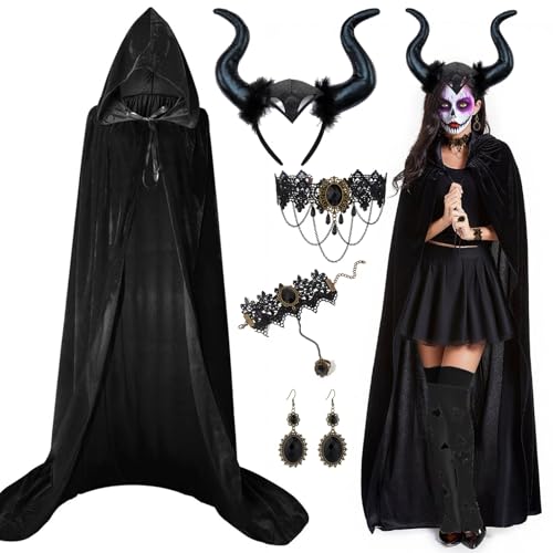 Maleficent Kostüm Damen,170cm Teufel Umhang Teufelshörner Haarreif Gothic Spitze Zubehör,Schwarzer Halloween Samt Cape Vampir Umhang mit Kapuze,Teufel Umhang Karneval Fasching Cosplay Kostüm für Damen von Moizkna