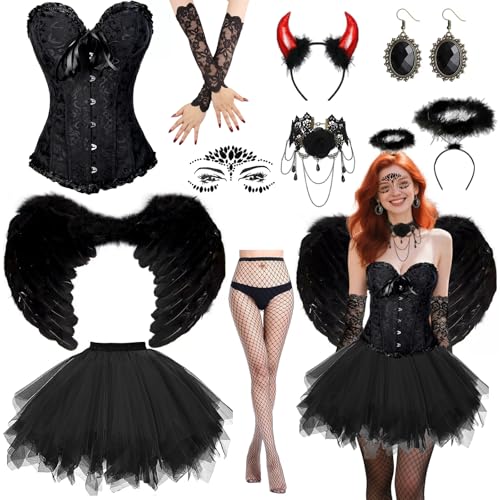 Schwarz Engel Kostüm Mädchen,Gothic Vintage Set mit Korsett, schwarzem Tüll Rock,Engelsflügeln,Heiligenschein,Teufelshörner,Handschuhe für Halloween Karneval, Cosplay, Halloween Teufel Kostüm Damen(M) von Moizkna