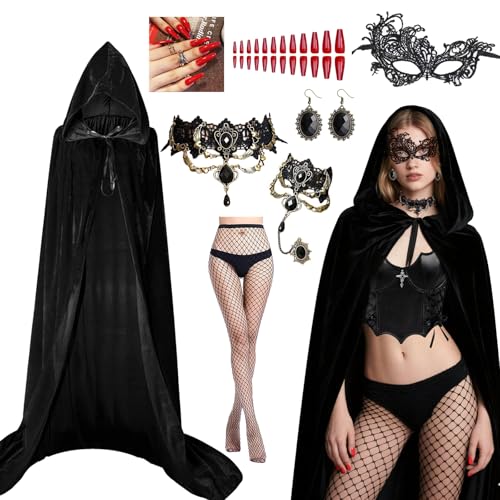 Schwarzer Umhang mit Kapuze Set, 170cm Samt Cape halloween umhang damen mit SpitzeMaske & Gothic Zubehör Nagel, Mittelalter Vampir Umhang Damen, hexenkostüm damen für Karneval Cosplay Fasching Partys von Moizkna