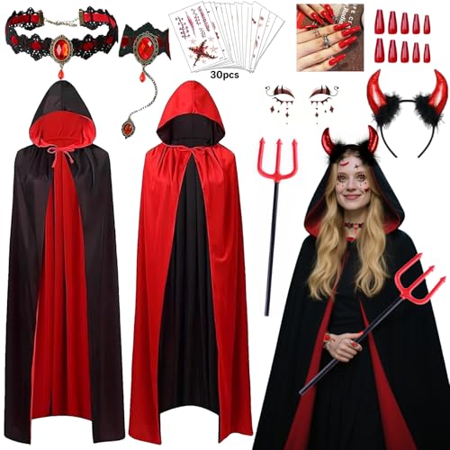 Teufel Kostüm Damen 170cm Umhang mit Kapuze, Vampir Halloween Kostüm Set mit Teufelshörner Haarreif,Nägel,Tattoo,Gothic Kette und Armband, Halloween Vampir Kostüm Set für Karneval, Fasching, Cosplay von Moizkna