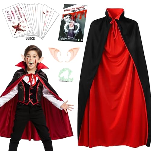 Vampir Kostüm Kinder, 120CM Halloween Schwarz Rot halloween kostüm kinder Vampir Umhang mit Kragen, Vampirumhang mit VampirZähne,Kunstblut,Tattoo-Aufkleber, Dracula kostüm kinder Umhang Jungen Mädchen von Moizkna