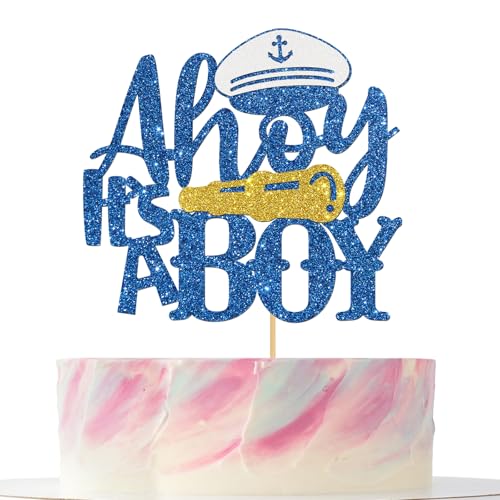 Ahoy Tortenaufsatz mit Aufschrift "It is a Boy" für Jungen, mit Aufschrift "Welcome Baby Boy", für Kindergeburtstag, Partyzubehör, Kapitän und Teleskop, blauer Glitzer Ahoy Tortenaufsatz mit Aufschrift "It is a Boy" für Jungen, mit Aufschrift "Welcome Baby Boy", für Kindergeburtstag, Partyzubehör, Kapitän und Teleskop, blauer Glitzer von Mokonate