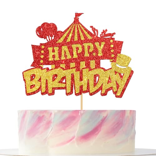 Geburtstagskuchenaufsatz mit Zirkusmotiven, Glitzer, Rot und Gold, Karneval, Babyparty, Kindergeburtstag, Kuchendekorationen für Jungen und Mädchen, Geburtstagsparty-Dekoration Geburtstagskuchenaufsatz mit Zirkusmotiven, Glitzer, Rot und Gold, Karneval, Babyparty, Kindergeburtstag, Kuchendekorationen für Jungen und Mädchen, Geburtstagsparty-Dekoration von Mokonate