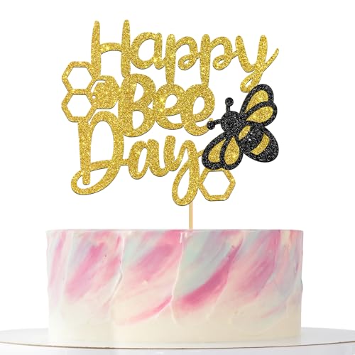 Happy Bee Day Tortenaufsatz, goldfarbene Glitzer-Hummel-Kuchendekoration, Bienenkuchendekorationen für Jungen und Mädchen, Neugeborene von Mokonate