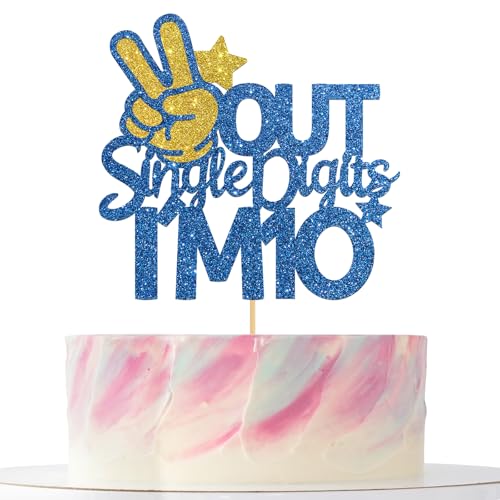 Out Tortenaufsatz mit der Aufschrift "I'm 25.4 cm, doppelstellig, "Happy 10th Birthday", für Jungen und Mädchen, Blau und Gold, Glitzer von Mokonate