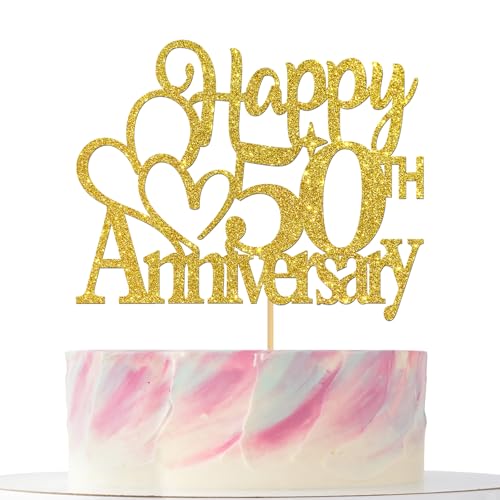 Tortenaufsatz "Happy 50th Anniversary" mit goldenem Glitzer, Party-Dekorationen für Hochzeits- und Geburtstagsfeiern von Mokonate