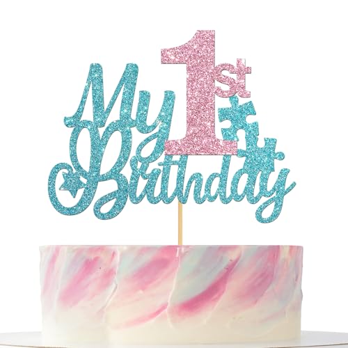 Tortenaufsatz für den 1. Geburtstag, hellblau und rosa, glitzernd, für den ersten Geburtstag, Dekoration für Jungen, Mädchen, Babyparty, Partyzubehör Tortenaufsatz für den 1. Geburtstag, hellblau und rosa, glitzernd, für den ersten Geburtstag, Dekoration für Jungen, Mädchen, Babyparty, Partyzubehör von Mokonate