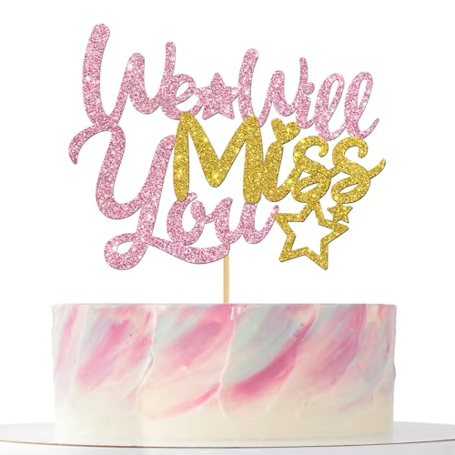 Tortenaufsatz mit Aufschrift "We Will Miss You", für den Ruhestand, Abschluss, Jobwechsel, Party-Dekorationen für Frauen, rosa und goldfarben, Glitzer Tortenaufsatz mit Aufschrift "We Will Miss You", für den Ruhestand, Abschluss, Jobwechsel, Party-Dekorationen für Frauen, rosa und goldfarben, Glitzer von Mokonate
