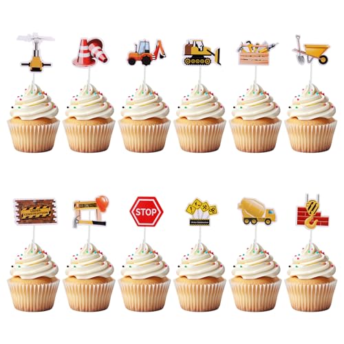 Molain 36 Stück Straßenschild Baufahrzeug Cupcake Topper, Tortendeko Traktor Baustelle Bagger, Muffin Deko Geburtstag Kuchen Topper, Papier Kuchen Picks Party Dekoration Zubehör von Molain