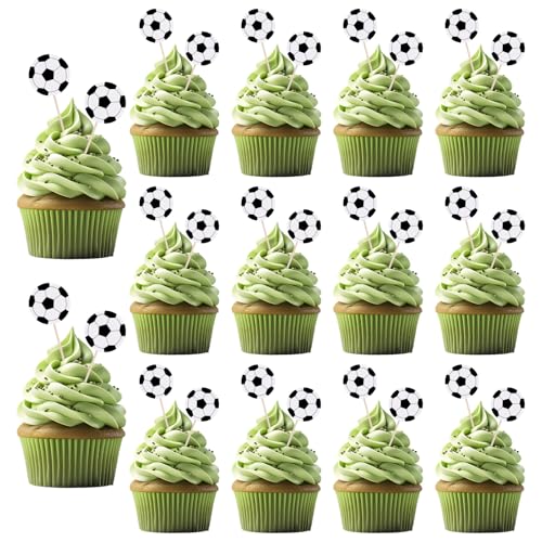 Molain 48 Stück Fussball Cupcake Topper, Fußball Sport Kuchen Dekoration, Fußball Kuchen Toppers Fußball Cupcake Deko für Kinder Geburtstag Party Babyparty Kuchendekoration Fußball-Mottoparty von Molain