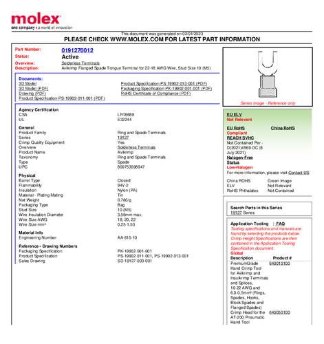Molex 191270012 Gabelkabelschuh Loch-Ø=5mm Bulk von Molex
