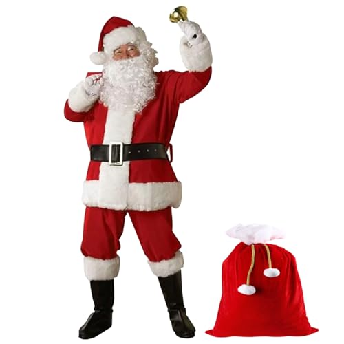 Moligin Kostüme Santa Claus Kostüm 11pcs/Set Santa Outfit für Männer Frauen Weihnachtskostüme einschließlich Jacke Hose Hut Perücken Bartgläser Handschuhe Glockenstiefel Deckungen Belt & Bag 5xl von Moligin