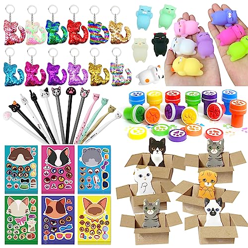 Katzen Party Geschenke für Kinder - 72Pcs Katzenparty Kindergeburtstag Zubehör, Katzen Themen Geschenke für Mädchen, Katzen Schlüsselanhänger, Klebrige Notizzettel, Katzenstifte für Katzenliebhaber von Moltby